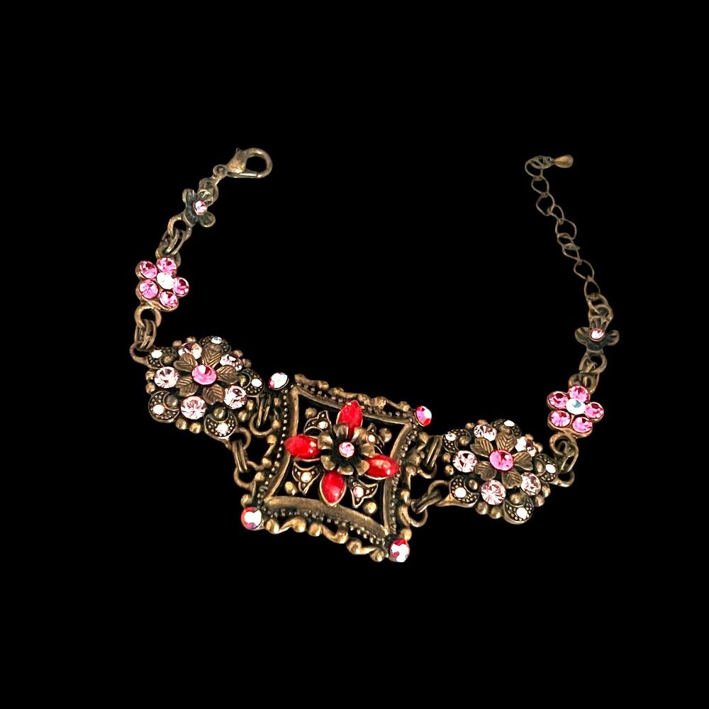 New Crystal Brass Tone Bracelet Pink Rhinestone Floral Statement - 5V